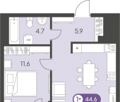 1-комн, 44 кв м, этаж 18/24 Воткинское шоссе, 45А