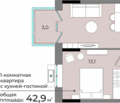 1-комн, 42 кв м, этаж 11/15 