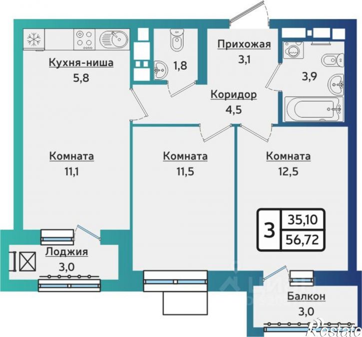 3-комн квартира в новом доме ул Новаторов, 12 3,  д. 12 3,  к. 3