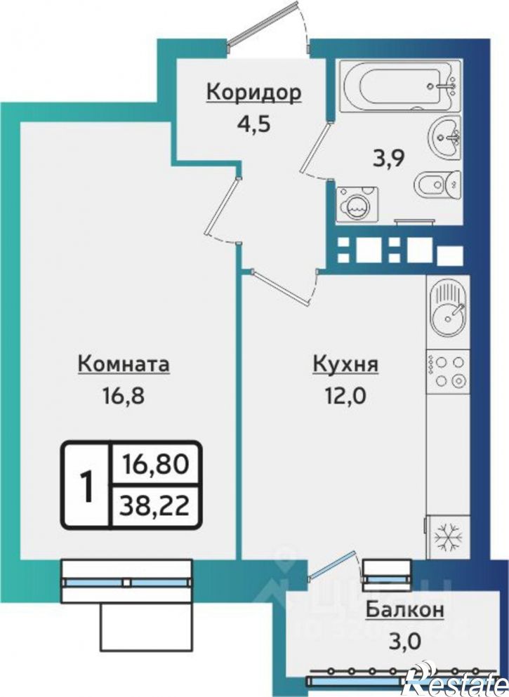 1-комн квартира в новом доме ул Новаторов, 12 3,  д. 12 3,  к. 3
