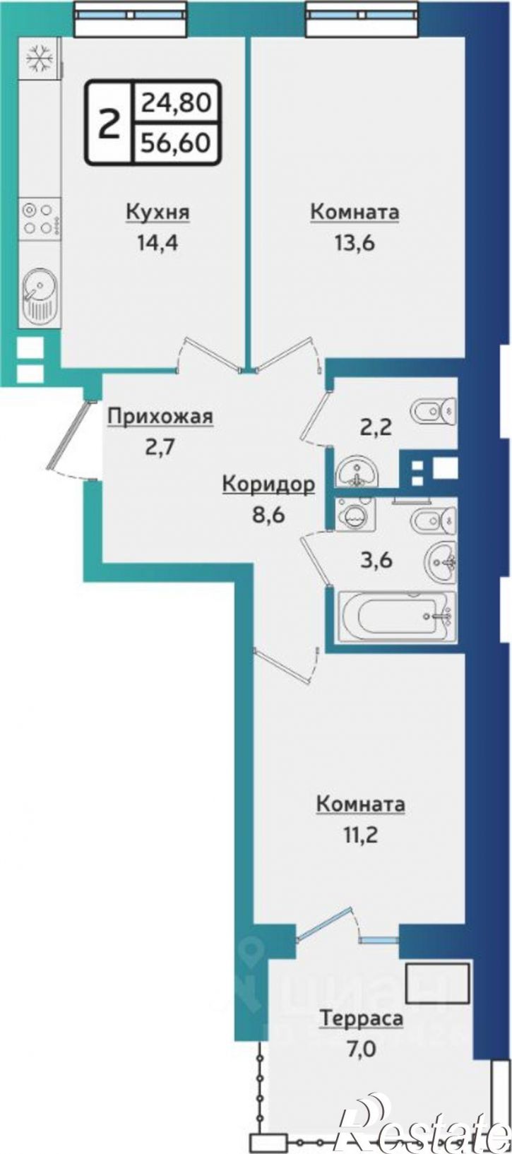2-комн квартира в новом доме ул Новаторов, 12 3,  д. 12 3,  к. 3