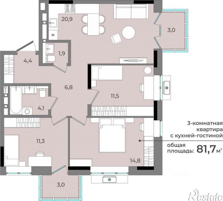3-комн квартира в новом доме